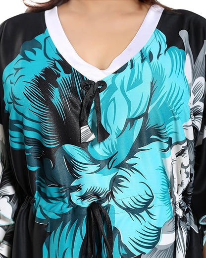Noty Women's Kaftan Nighty | Serena Fabric | Floral Print Maxi | Short Sleeves | V Shaped Neck