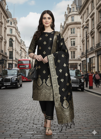 Women's Cotton Silk Jacquard Kurta Pant with Dupatta Set