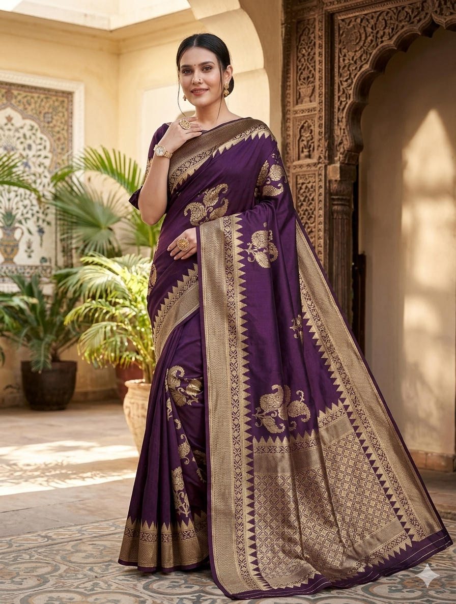 Purple Banarasi Saree -  Ideal Choice For Weddings, Festivals And Grand Celebrations.
