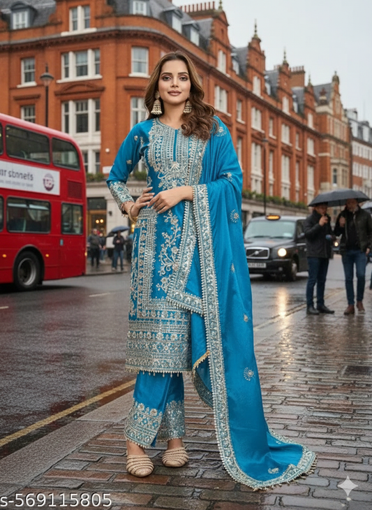 Embroidered Heavy Chinon Silk kurti with embroidered Palazzo and dupatta Set