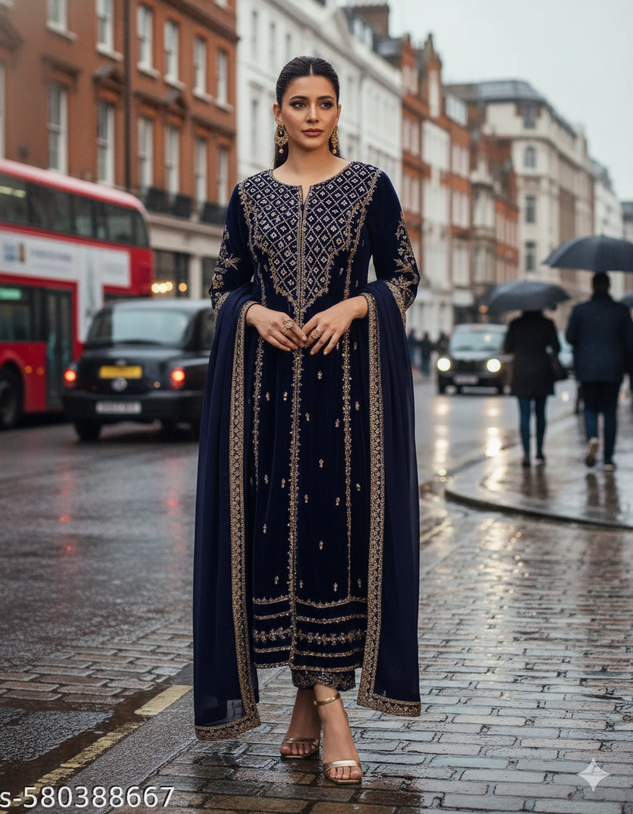 Velvet Women Latest Embroidered Kurta With Bottom and dupatta set.