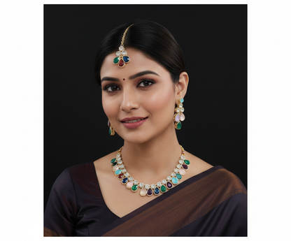Charming Multicolor Necklace Set with Earrings & Maang Tikka