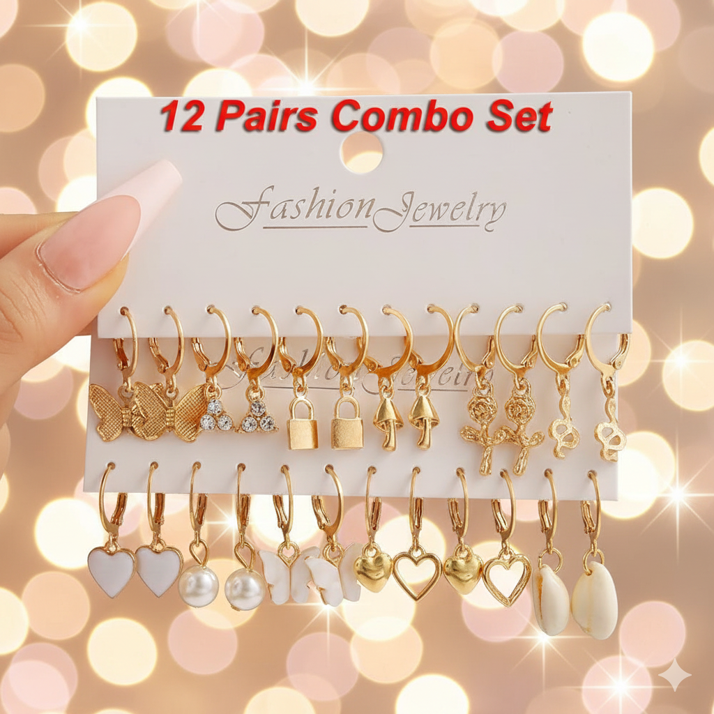 12 Pairs Combo Set Latest Stylish Drop Earrings for Women and Girls