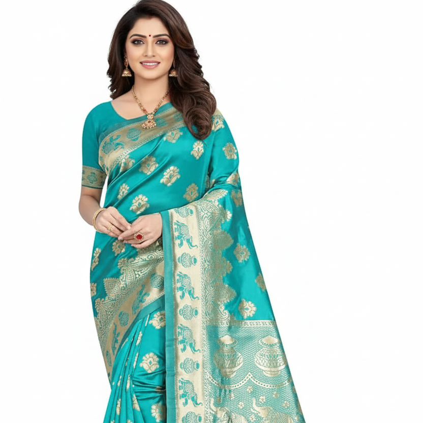 Women's Pure Soft Kanjivaram Silk Saree Banarasi Design Style With Blouse Piece for Wedding