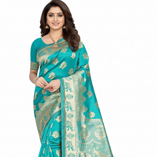 Women's Pure Soft Kanjivaram Silk Saree Banarasi Design Style With Blouse Piece for Wedding