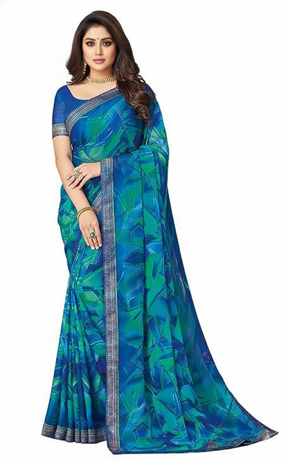 Women's Lace & Printed Chiffon Saree with Blouse