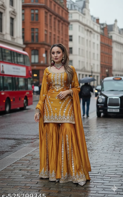 Wear this mustard sharara gown to exude elegance at every turn. It combines classic style with contemporary glitz and carefree elegance.