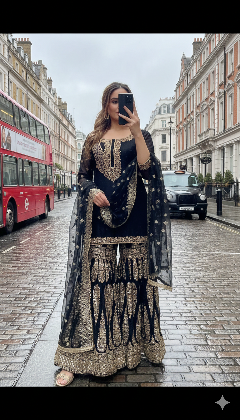Midnight Blooms: Embroidered Black Georgette Sharara Suit