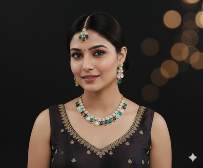 Charming Multicolor Necklace Set with Earrings & Maang Tikka