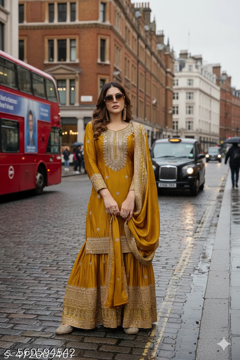 Yellow Embroidered Kurta and Sharara Set with Dupatta for Women