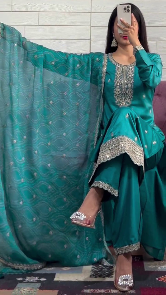 DESIGNER SEQUENCE EMBROIDERED WORK TOP AND PANT WITH DUPATTA