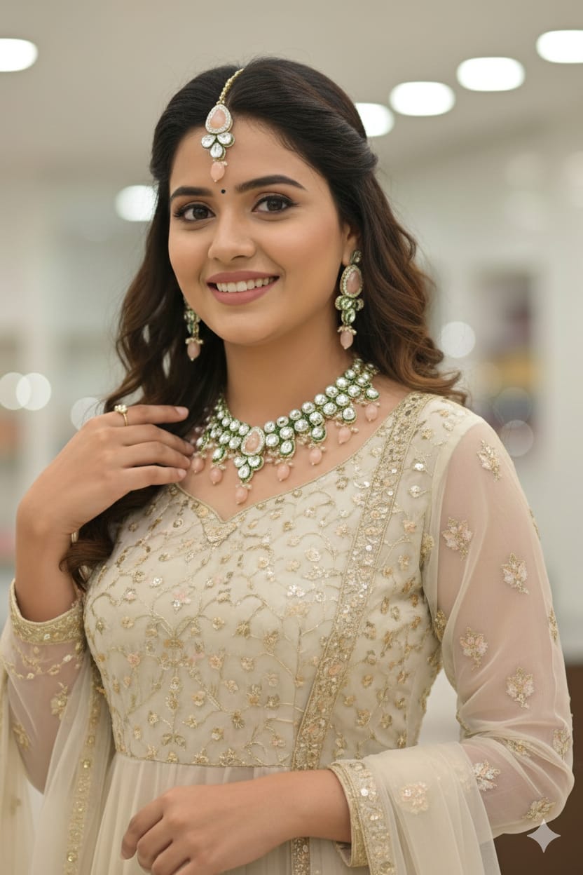 Charming Multicolor Kundan-Style Choker Necklace Set with Earrings & Maang Tikka