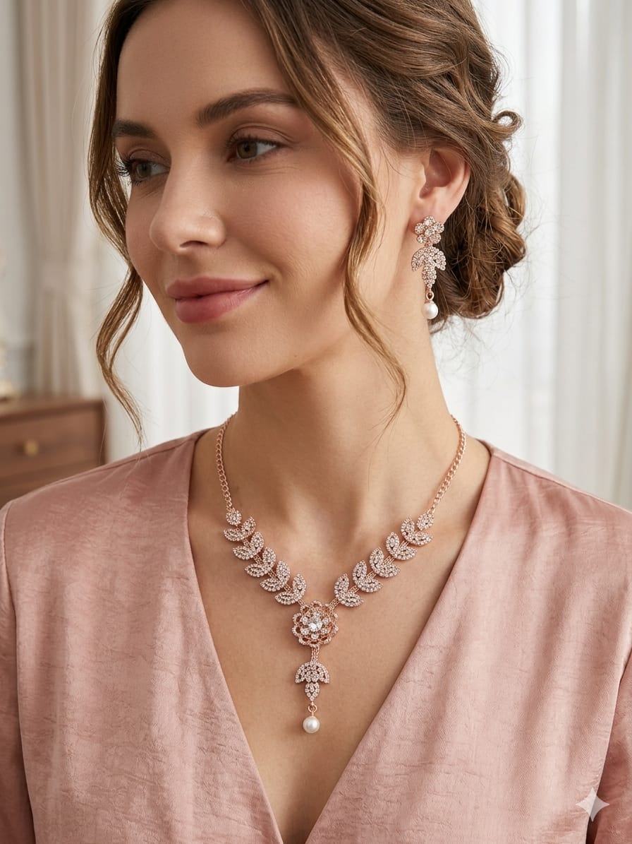 Charming AD Diamonds Studded Floral Choker Necklace with Danlge Earrings - Jewellery Set for Women & Girls