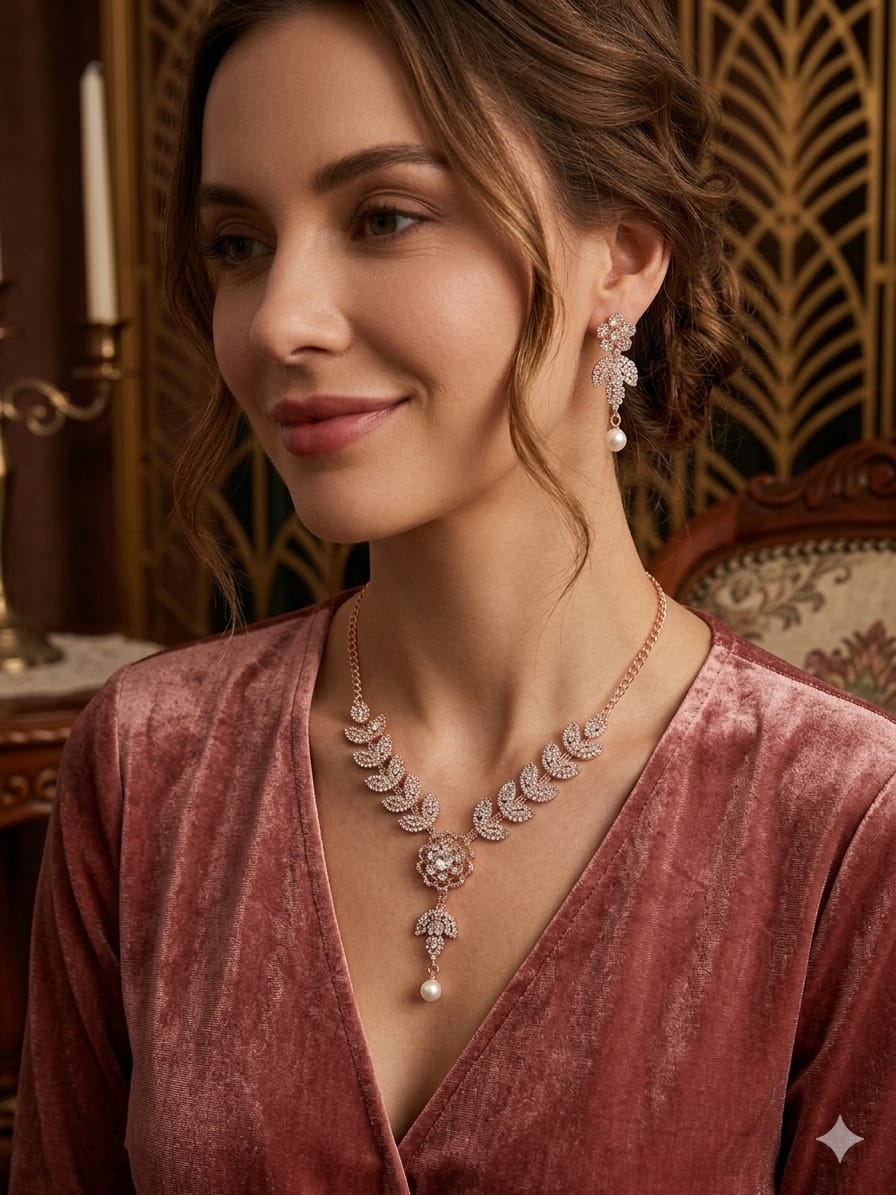 Charming AD Diamonds Studded Floral Choker Necklace with Danlge Earrings - Jewellery Set for Women & Girls