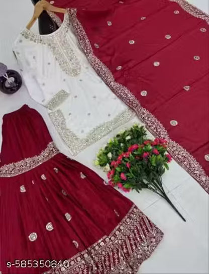 Soft Silk Fabric Kurta Sharara And Dupatta With Embroidery Work For Women