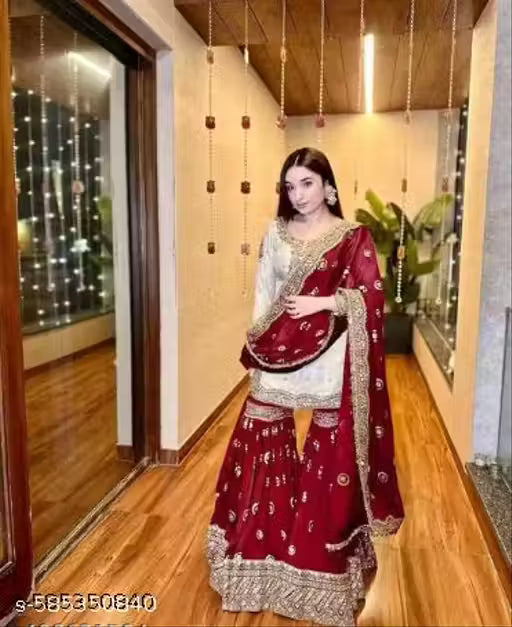 Soft Silk Fabric Kurta Sharara And Dupatta With Embroidery Work For Women