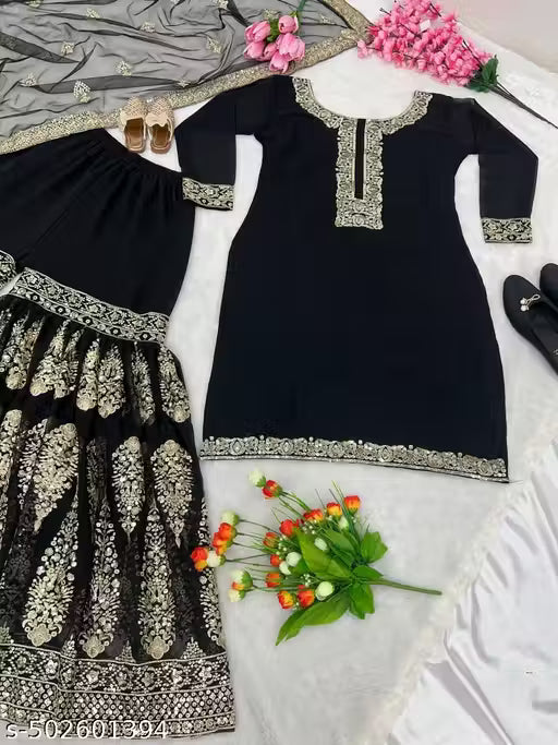Midnight Blooms: Embroidered Black Georgette Sharara Suit