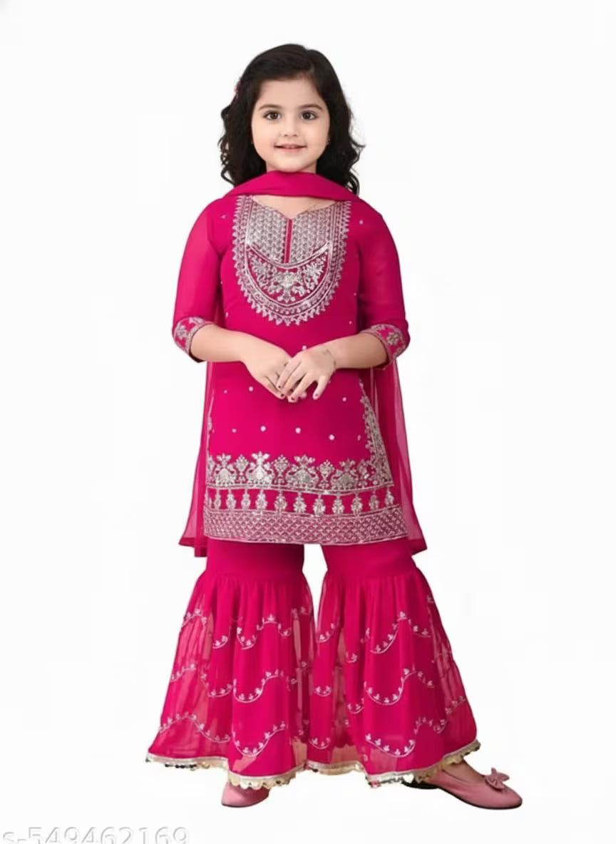 Indian Traditional Kids Baby Girl Embroidery Worked Sharara kurta Set.