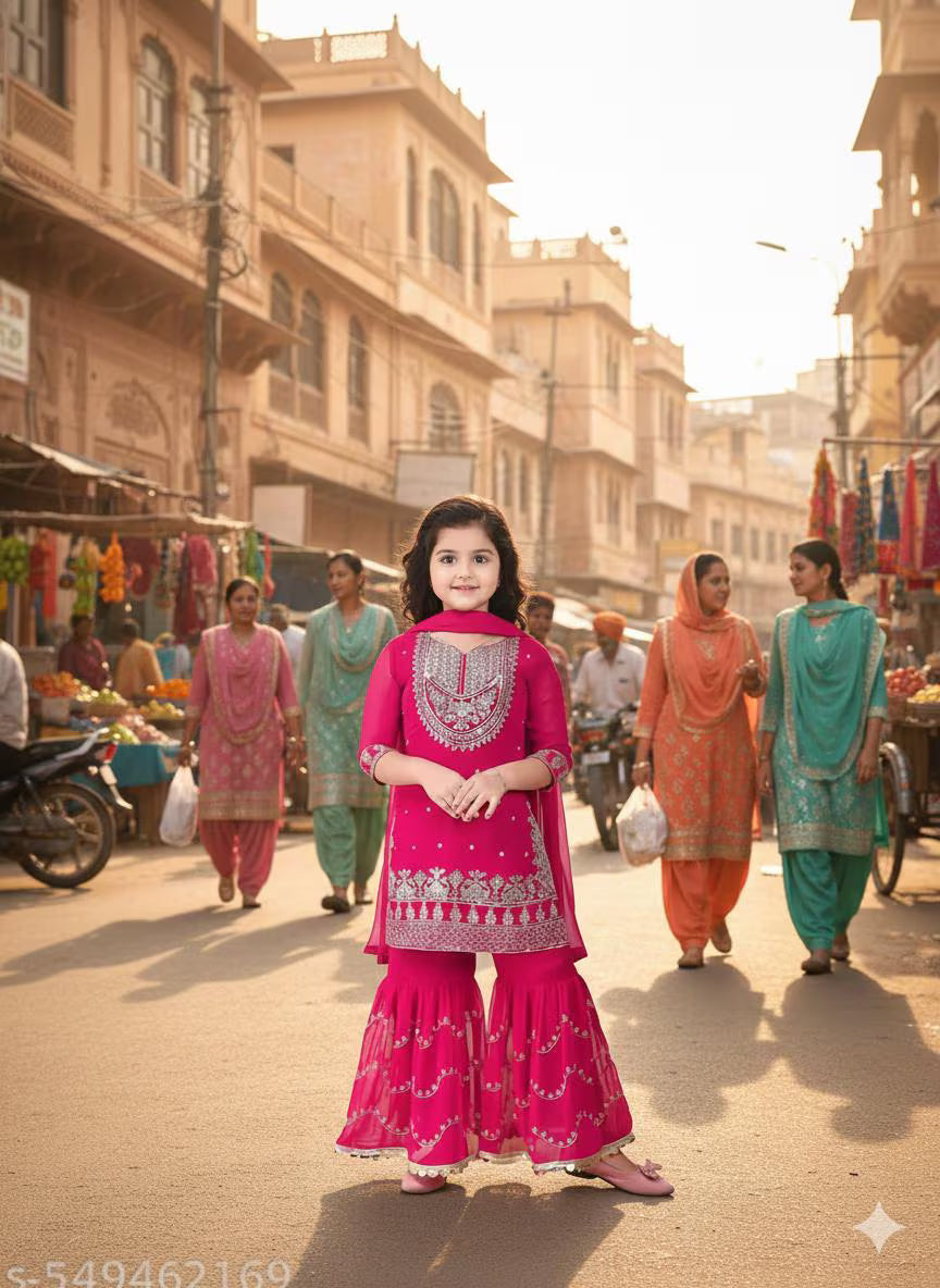 Indian Traditional Kids Baby Girl Embroidery Worked Sharara kurta Set.