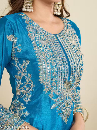Embroidered Heavy Chinon Silk kurti with embroidered Palazzo and dupatta Set
