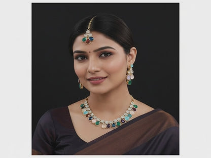 Charming Multicolor Necklace Set with Earrings & Maang Tikka