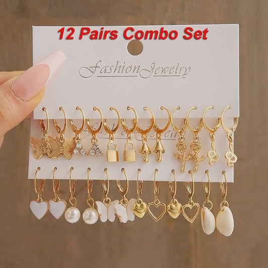 12 Pairs Combo Set Latest Stylish Drop Earrings for Women and Girls