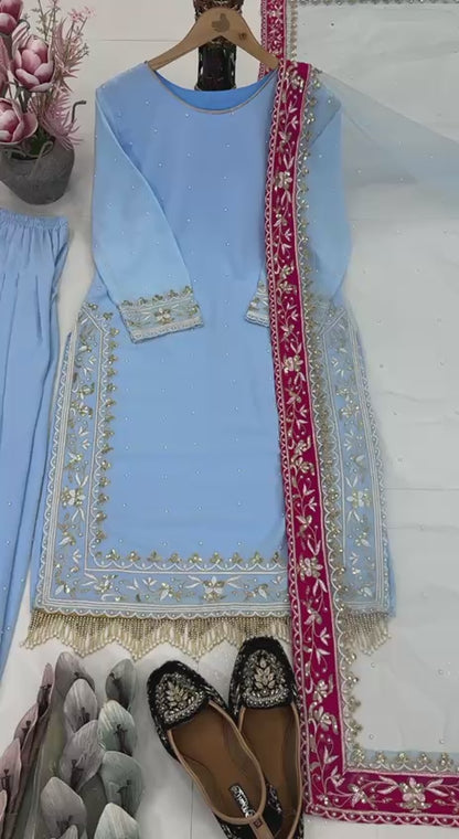 DESIGNER HEAVY DIAMOND &GEORGETTE EMBROIDERED PLAZZO DUPATTA SET