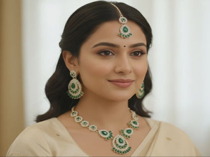 Indian Bridal/Party Wear: Kundan Style Green Stone Necklace Set