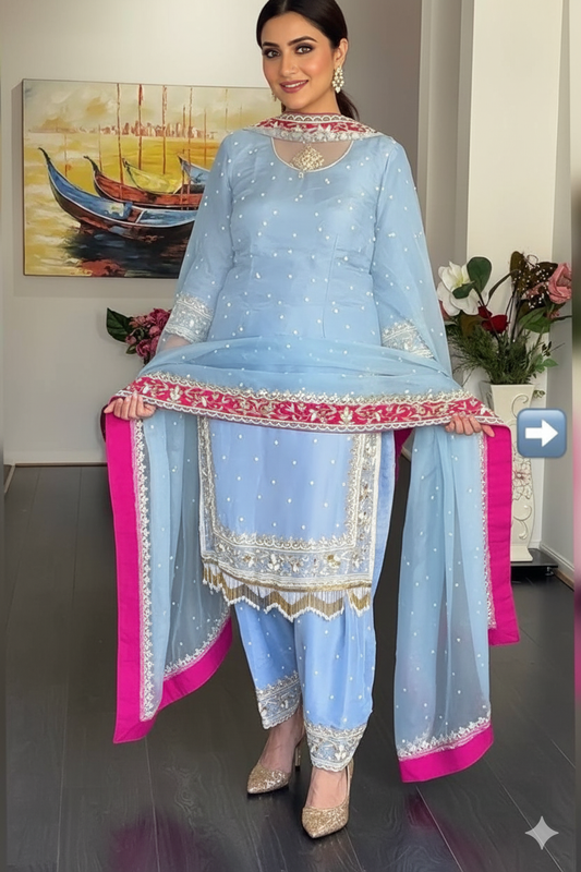 DESIGNER HEAVY DIAMOND &GEORGETTE EMBROIDERED PLAZZO DUPATTA SET