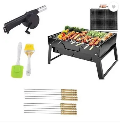 BIG SALE - Foldable Barbeque Grill With ( 2 Spatula,1 Bbq, 12 Stick & 1 Air Blower Charcoal Grill )
