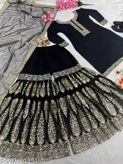 Midnight Blooms: Embroidered Black Georgette Sharara Suit