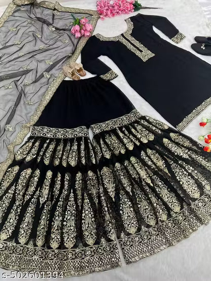 Midnight Blooms: Embroidered Black Georgette Sharara Suit