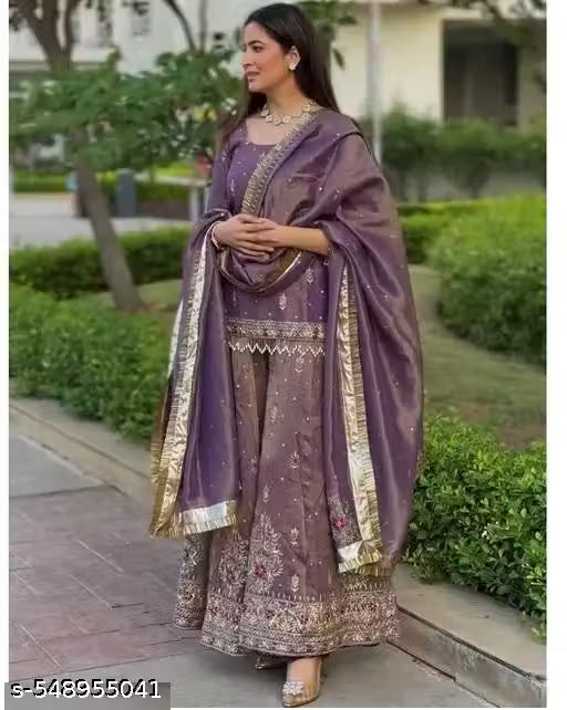 Embroidered Heavy Chinon Silk kurti with embroidered Palazzo and dupatta Set